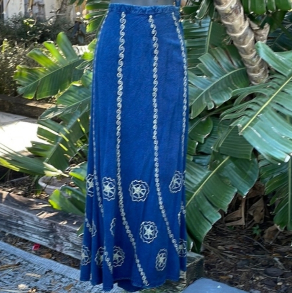 Blue Bohemian Maxi Skirt with Embroidered Trim